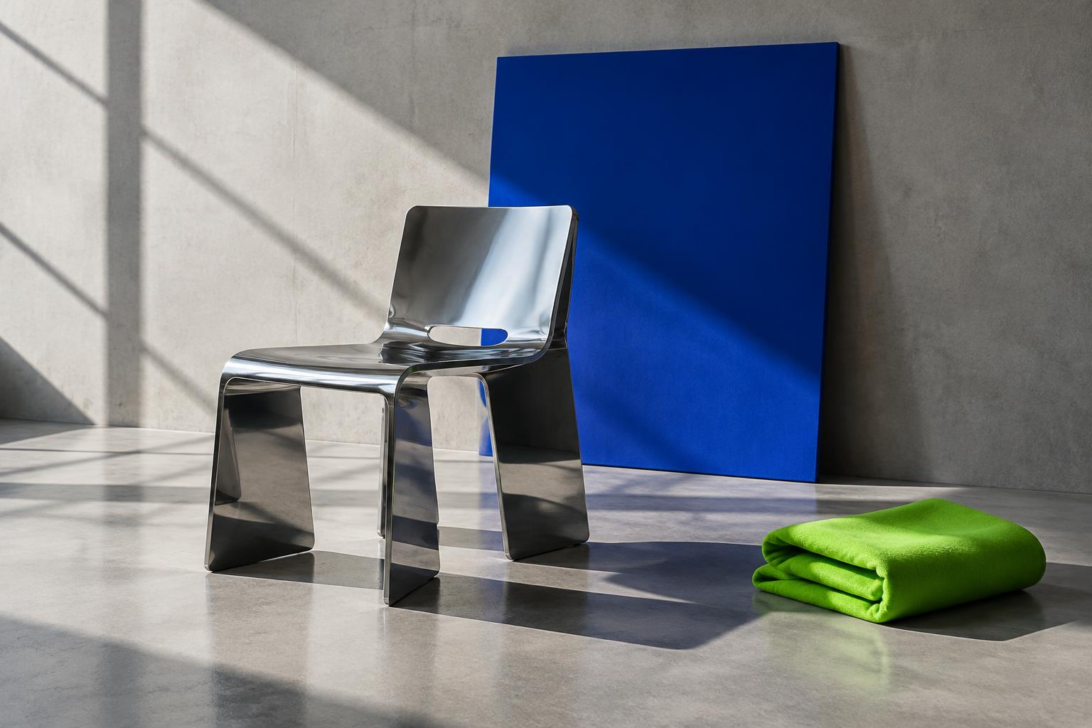 Skulpturaler Chromstuhl, blaue Fläche und grüner Stoff in einem lichtdurchfluteten Designstudio